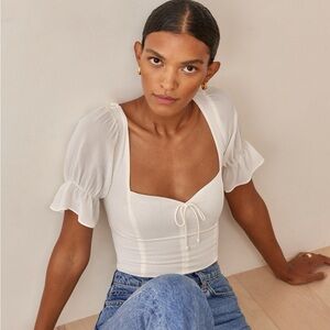 Reformation Delevan White Puff Sleeve Top with Bow